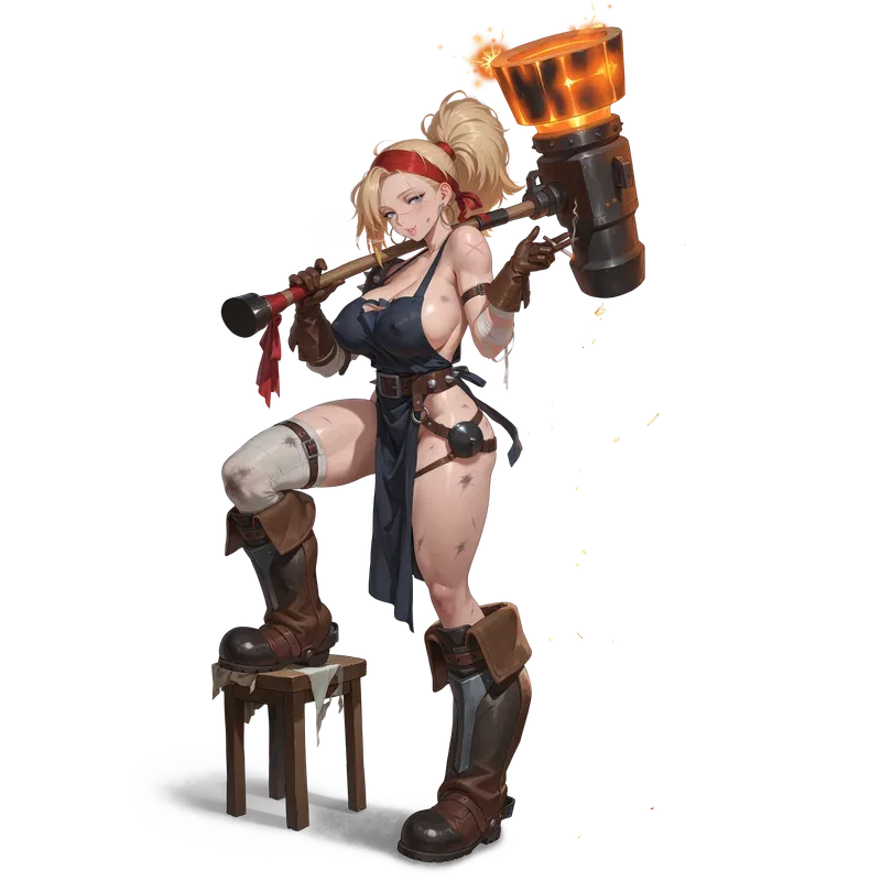 Illustrated heroine with a glowing blacksmith's hammer from Isekai Waifu Overlord